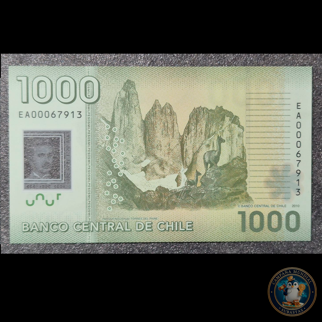 C338 .- BILLETE 1000 PESOS  AÑO:  2010   FIRMAS: DE GREGORIO-ZURBUCHEN (PRIMERO DE LA SERIE)  POLÍMERO    UNC     CHILE