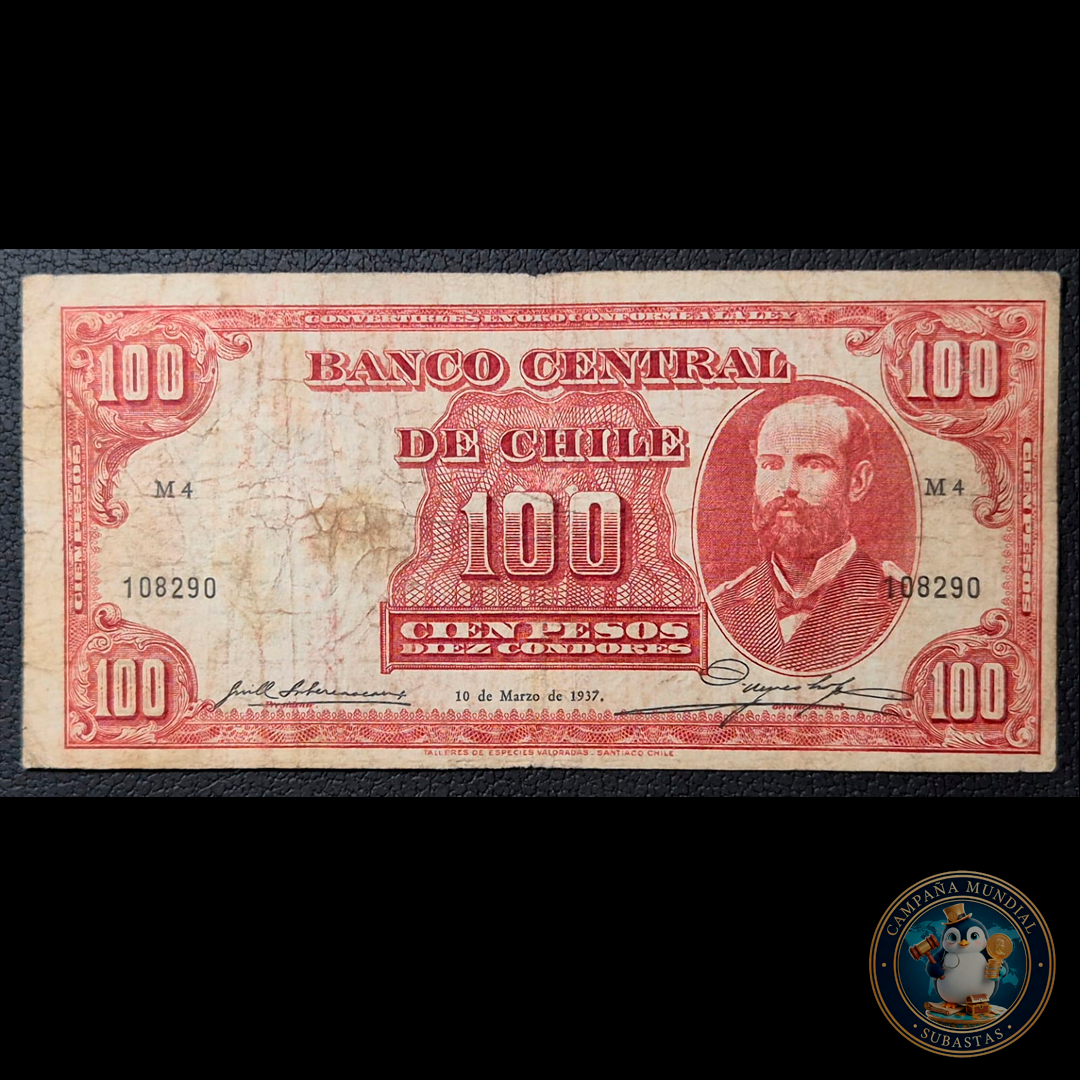 C343 .- BILLETE DE 100 PESOS FECHADO 10 DE MARZO DE 1937  SUBERCASEAUX-MEYERHOLZ (CONGRIO) VF CHILE