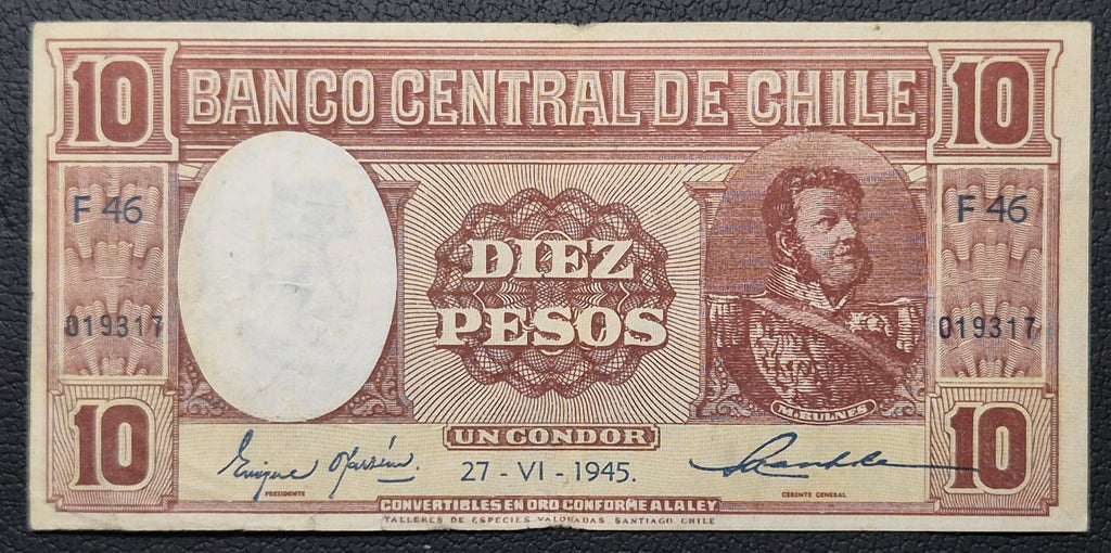 C361 .- BILLETE DE 10 PESOS FECHADO: 27-VI-1945   FIRMAS OYARZÚN-MASCHKE  VF+  CHILE