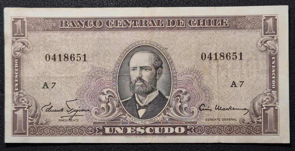 C363 .- BILLETE UN ESCUDO   SELLO DE AGUA 1000  N° GRANDES  XF    CHILE