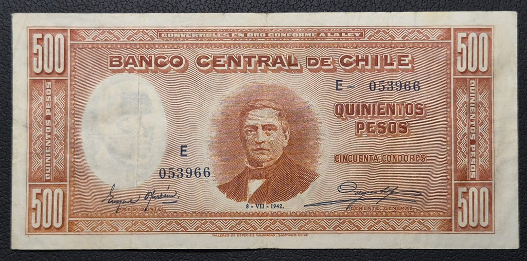 C365 .- BILLETE DE 500 PESOS FECHADO: 8-VII-1942   FIRMAS: OYARSÚN-MEYERHOLZ   VF+  CHILE