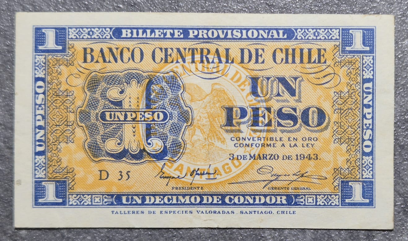 C371 .- BILLETE DE UN PESO PROVISIONAL FECHADO: 3 DE MARZO DE 1943. LETRA "D" . XF   CHILE