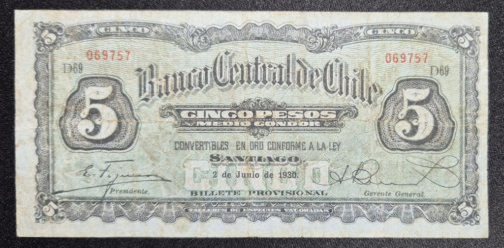C372 .- BILLETE DE CINCO(5) PESOS FECHADO: 2 DE JUNIO DE 1930. VF   CHILE
