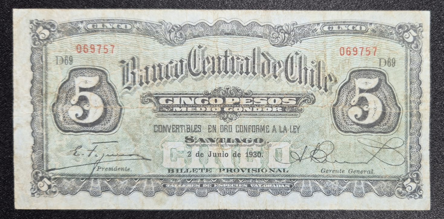 C372 .- BILLETE DE CINCO(5) PESOS FECHADO: 2 DE JUNIO DE 1930. VF   CHILE