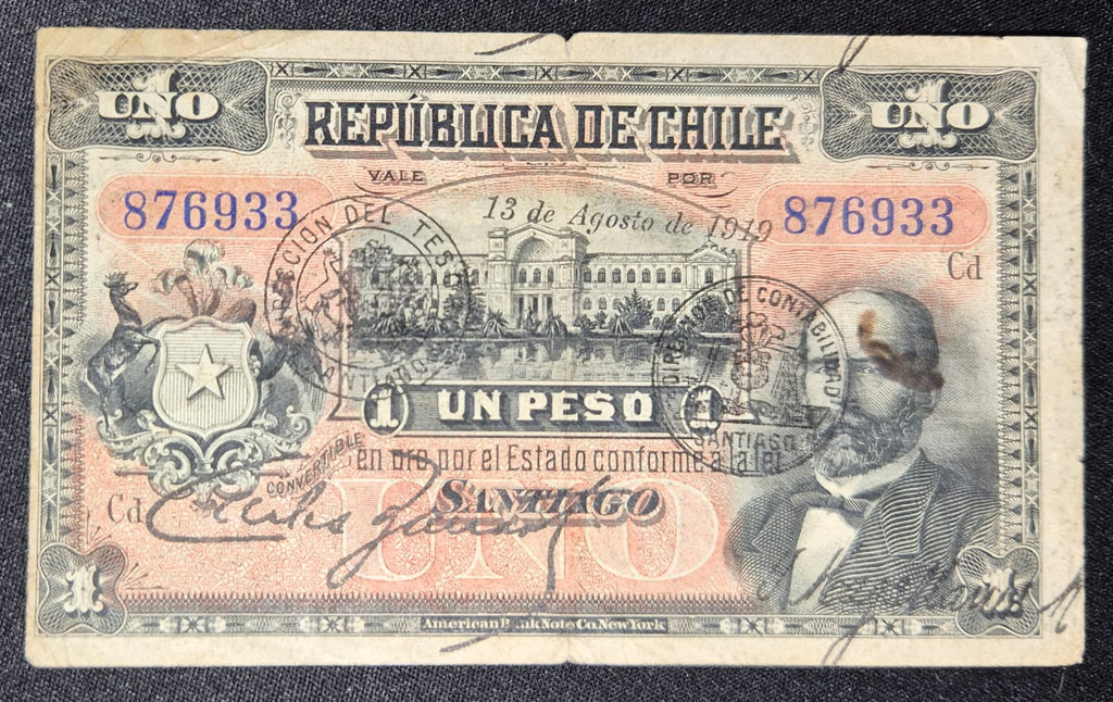 C373 .- BILLETE DE UN(1) PESO PROVISIONAL FECHADO 13 DE AGOSTO DE 1919. VF  CHILE