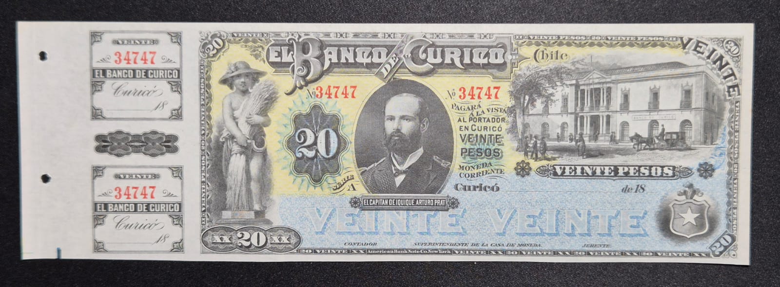 C374 .- BILLETE  DE BANCO PARTICULAR DE 20 PESOS.  BANCO DE CURICÓ.  CON TALÓN   UNC    CHILE