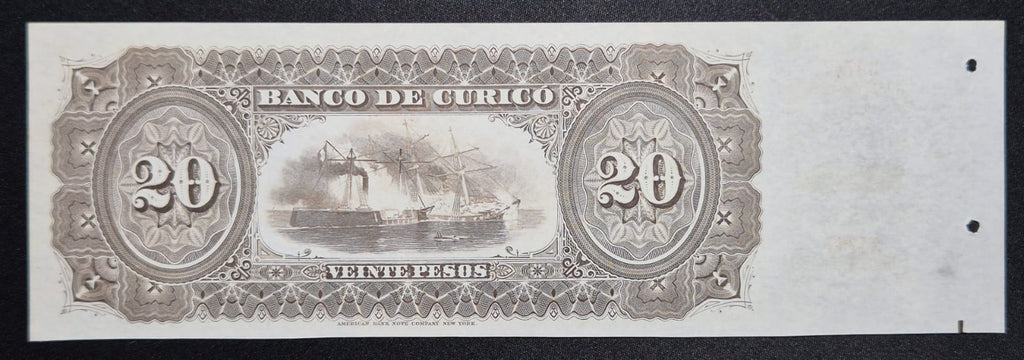 C374 .- BILLETE  DE BANCO PARTICULAR DE 20 PESOS.  BANCO DE CURICÓ.  CON TALÓN   UNC    CHILE