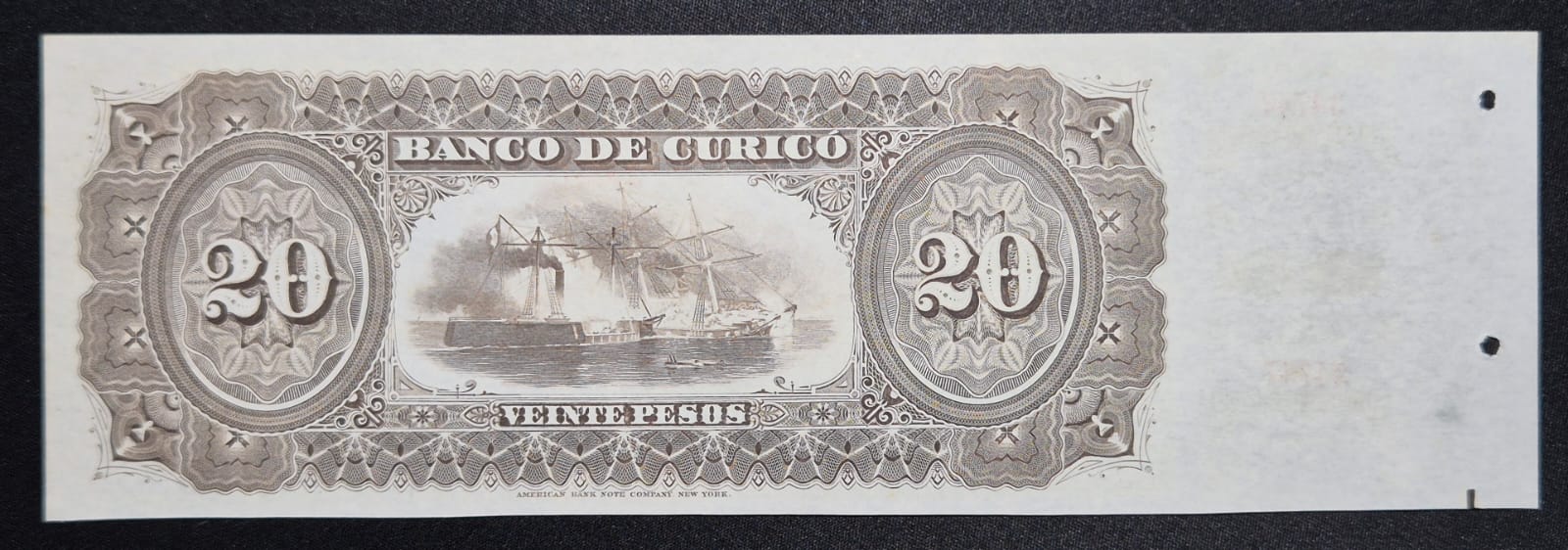 C374 .- BILLETE  DE BANCO PARTICULAR DE 20 PESOS.  BANCO DE CURICÓ.  CON TALÓN   UNC    CHILE