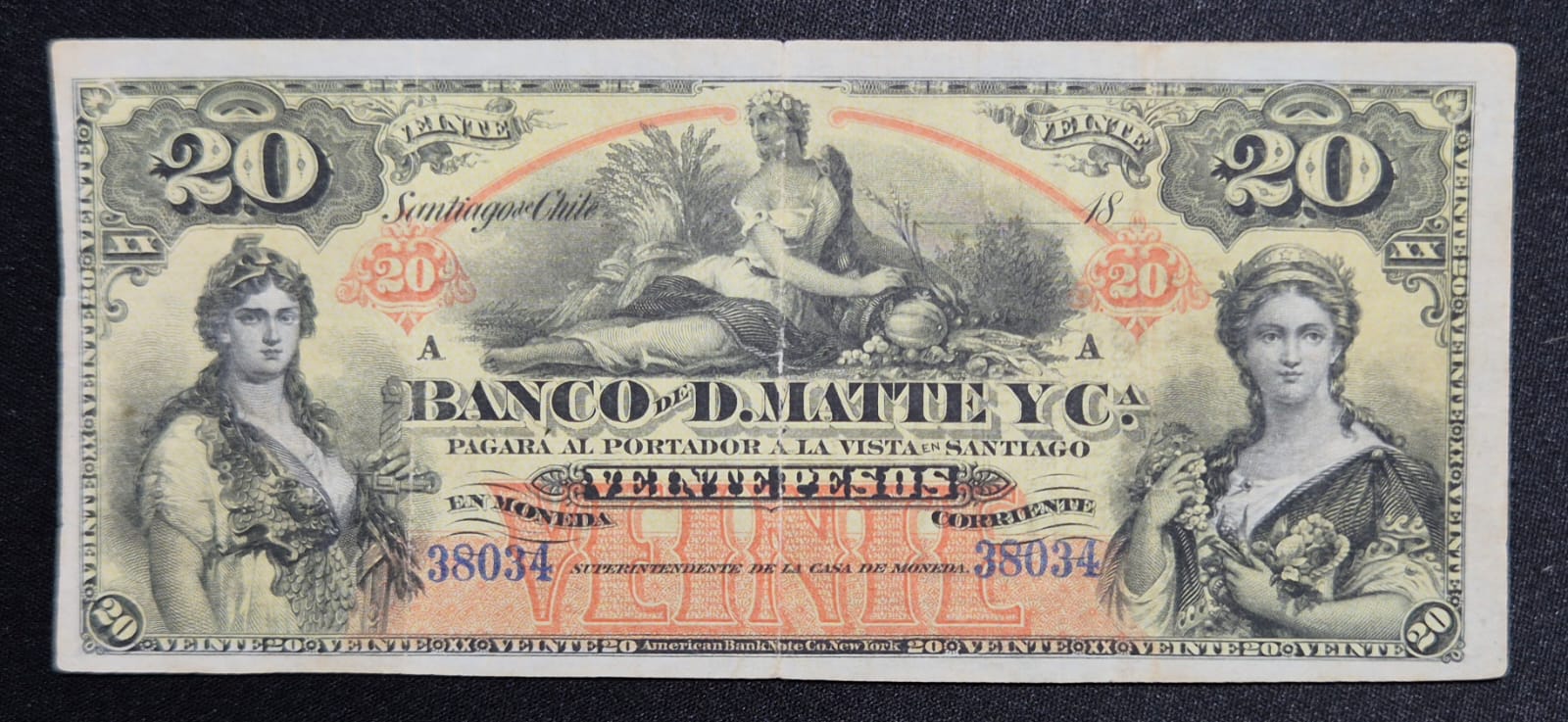 C375 .- BILLETE  DE BANCO PARTICULAR DE 20 PESOS.  BANCO DE D.MATTE.   VF+    CHILE