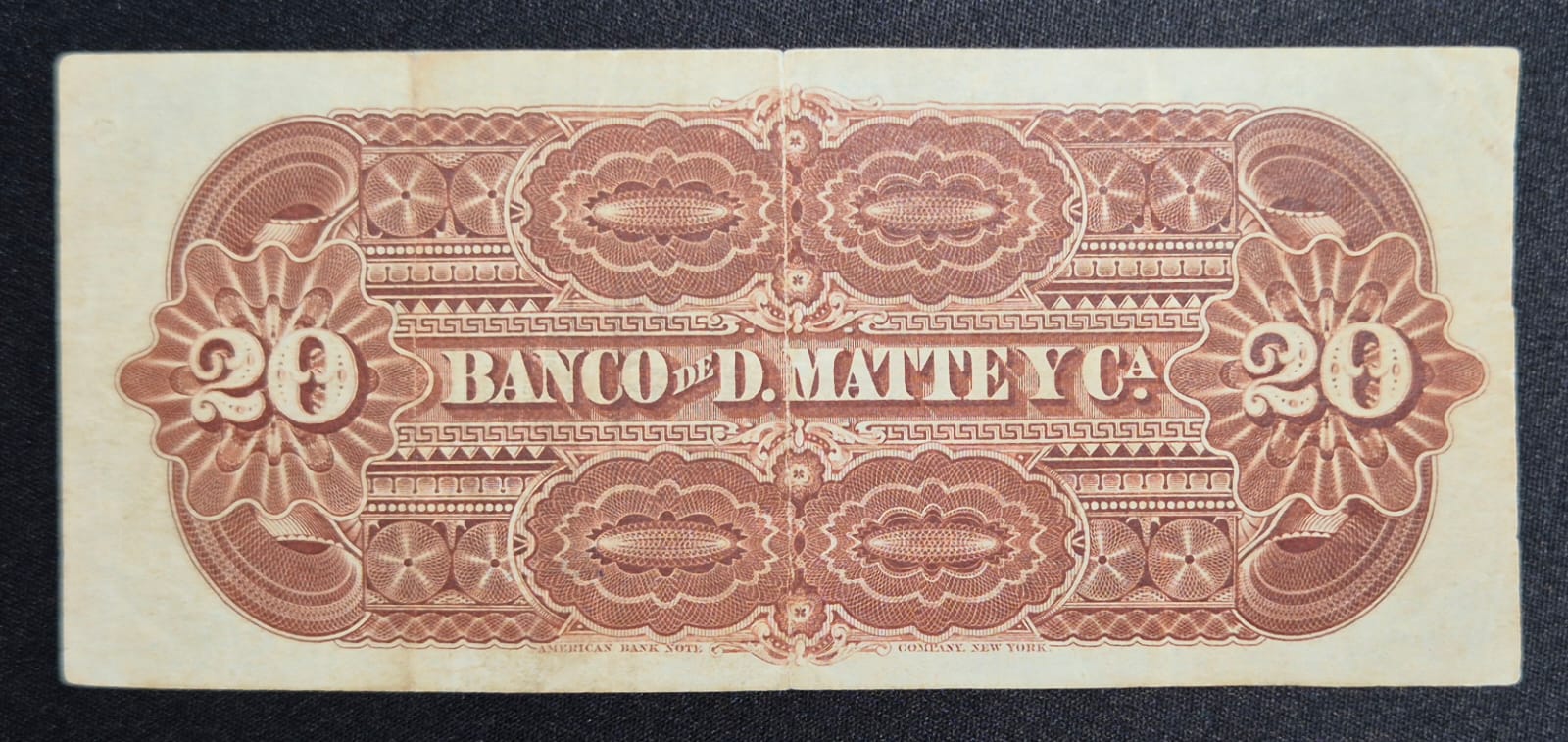 C375 .- BILLETE  DE BANCO PARTICULAR DE 20 PESOS.  BANCO DE D.MATTE.   VF+    CHILE