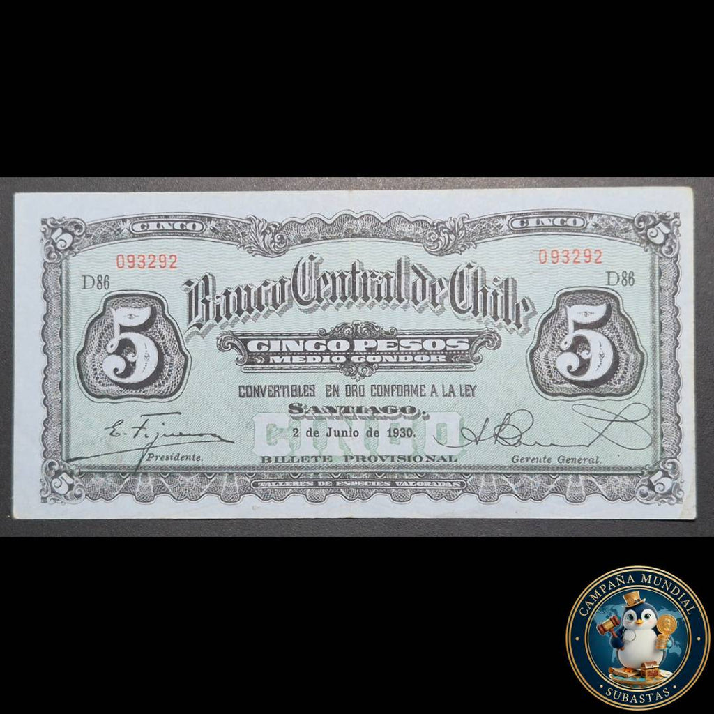 C728 .- BILLETE DE CINCO(5) PESOS  FECHADO  2 DE JUNIO DE 1930.   FIRMAS: FIGUEROA-BURR   XF+    CHILE