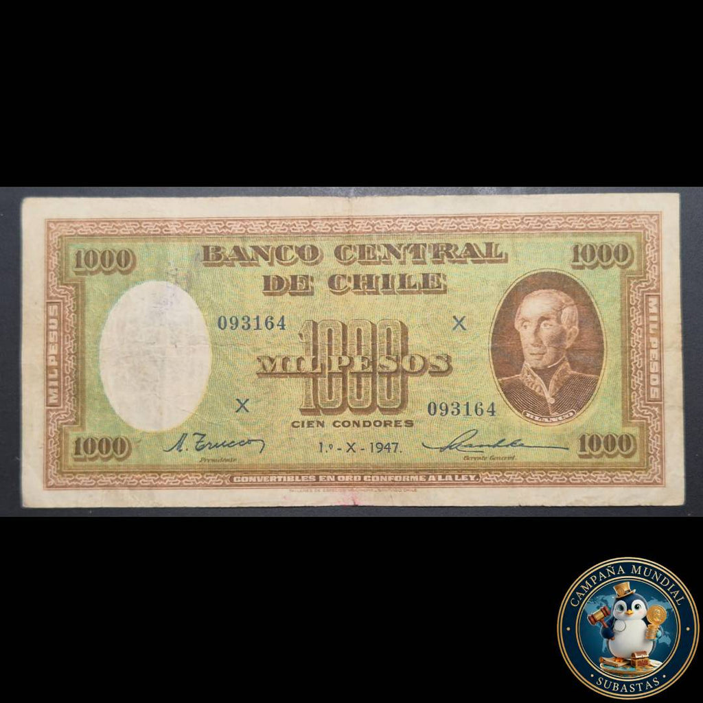 C729 .- BILLETE DE MIL (1000) PESOS FECHADO  1° - X - 1947. FIRMAS: TRUCCO-MASCHKE   VF+     CHILE