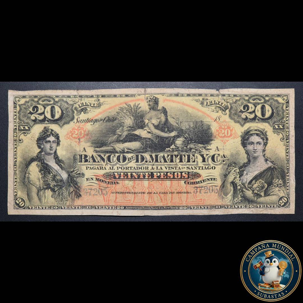 C730 .- BILLETE DE 20 PESOS DEL BANCO DE D'MATTE y CA. VF    CHILE