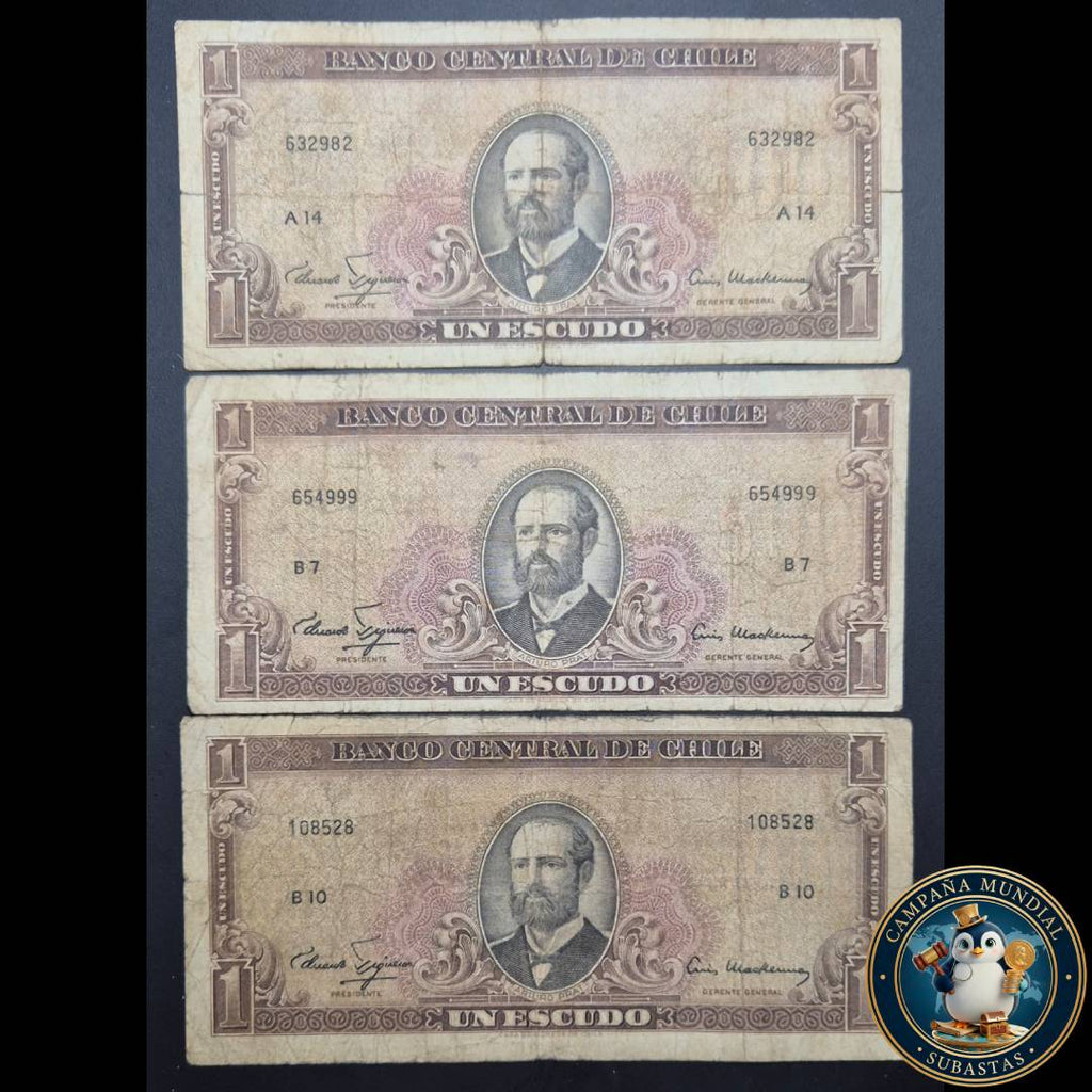 C731 .- 3x BILLETES DE UN ESCUDOS CON SELLO DE AGUA 500   VF  CHILE
