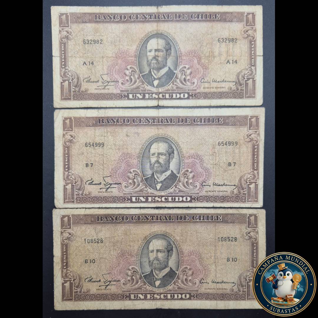 C731 .- 3x BILLETES DE UN ESCUDOS CON SELLO DE AGUA 500   VF  CHILE