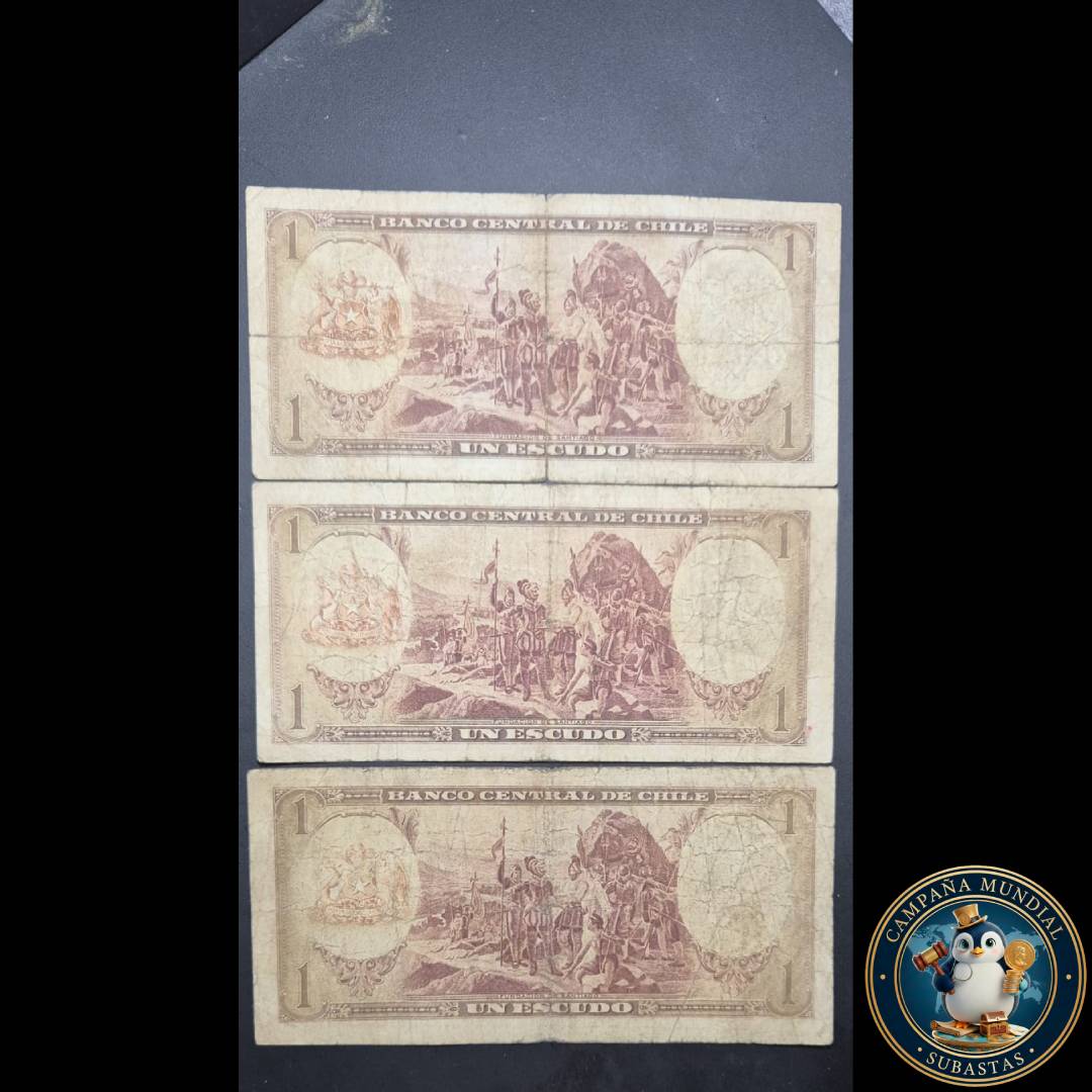 C731 .- 3x BILLETES DE UN ESCUDOS CON SELLO DE AGUA 500   VF  CHILE