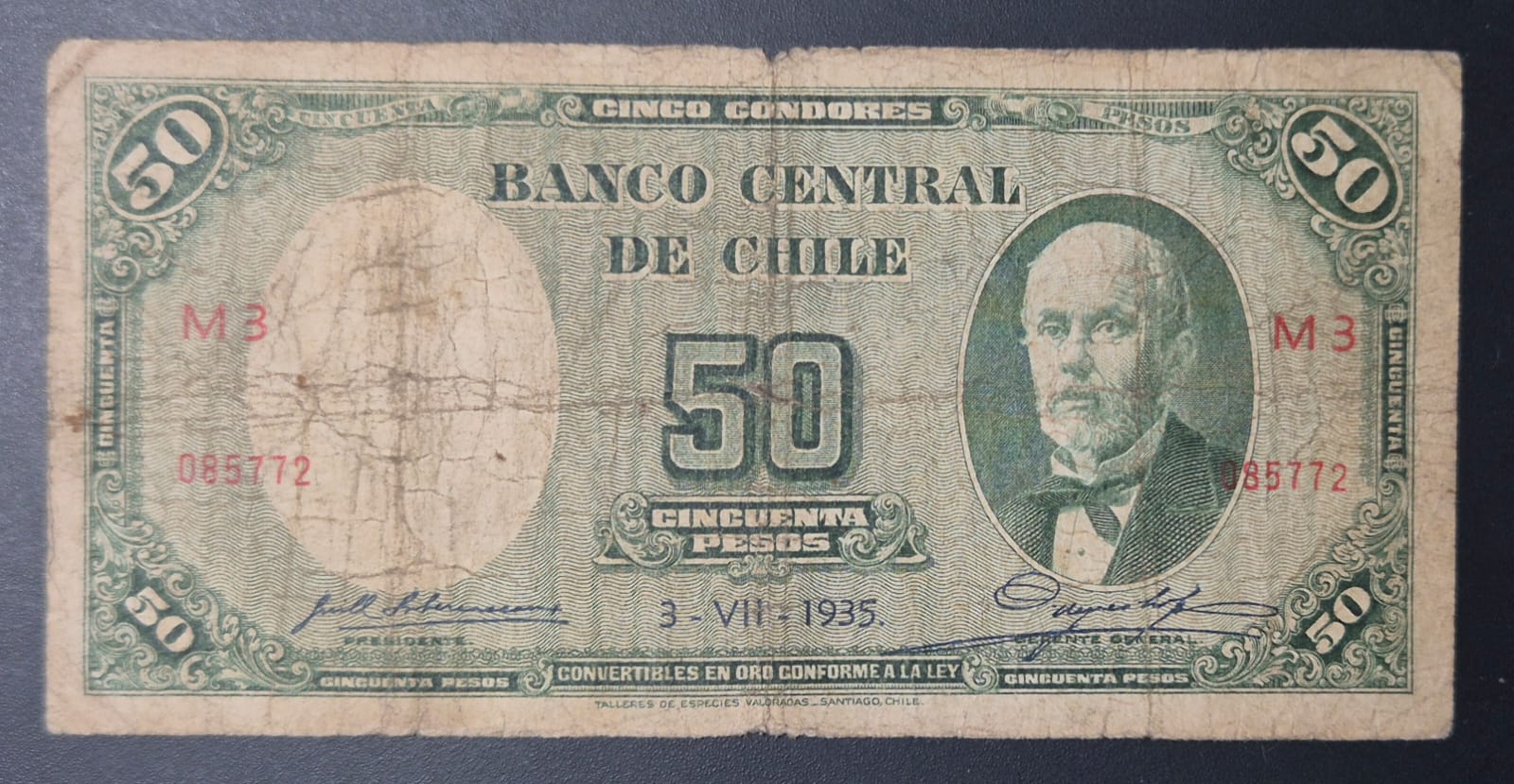 C735 .- BILLETE DE 50 PESOS    FECHADO:  3 - VII - 1935. FIRMAS SUBERCASEAUX-MEYERHOLD    VF-    CHILE