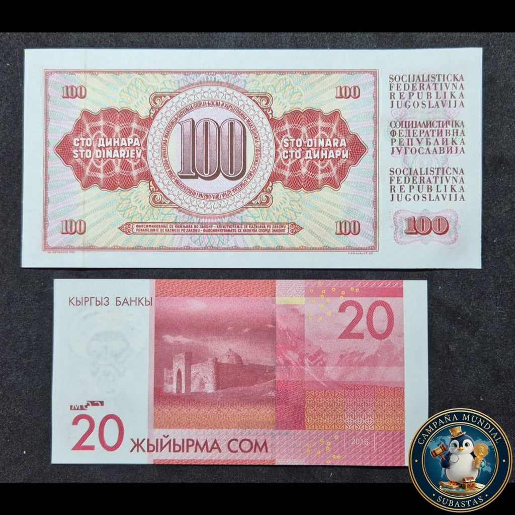 D1301 DOS BILLETES: UNO BILLETE DE 100 DINARA DE YUGOSLAVIA y BILLETE DE 20 SOM DE KIGUISTÁN. AMBOS UNC  YUGOSLAVIA/KIGUISTÁN
