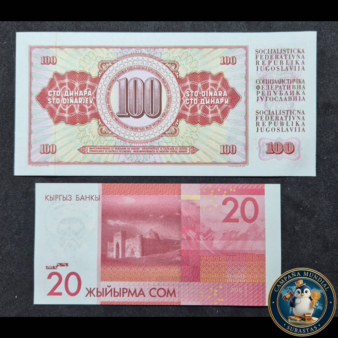 D1301 DOS BILLETES: UNO BILLETE DE 100 DINARA DE YUGOSLAVIA y BILLETE DE 20 SOM DE KIGUISTÁN. AMBOS UNC  YUGOSLAVIA/KIGUISTÁN
