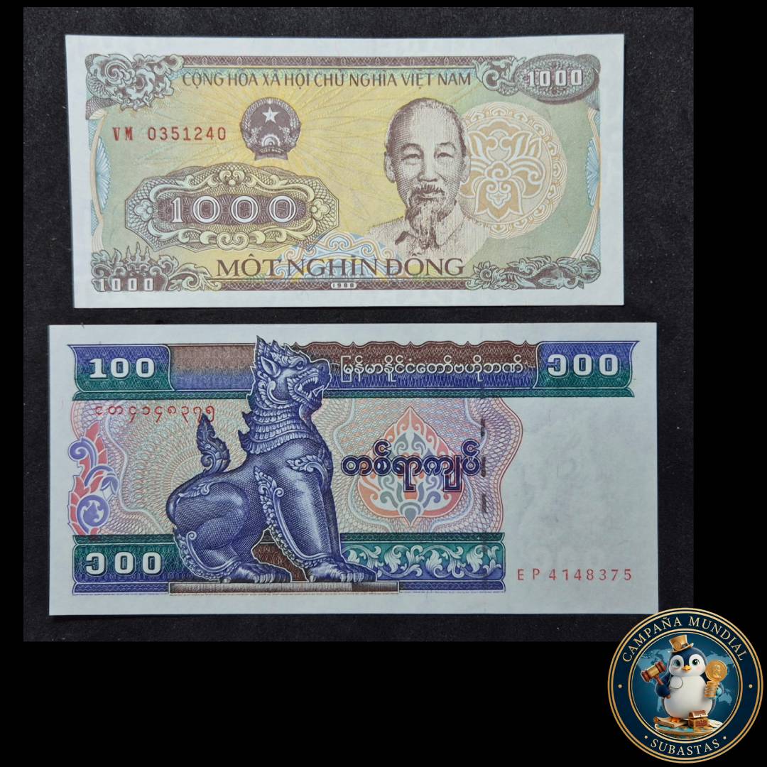 D1304 DOS BILLETES: UN BILLETE DE VIETNAM DE MIL(1000) DONG y UN BILLETE 100 KYATS DE NIANMAR. AMBOS UNC
