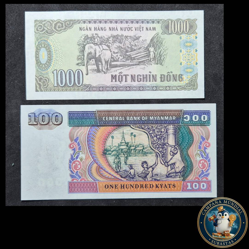 D1304 DOS BILLETES: UN BILLETE DE VIETNAM DE MIL(1000) DONG y UN BILLETE 100 KYATS DE NIANMAR. AMBOS UNC