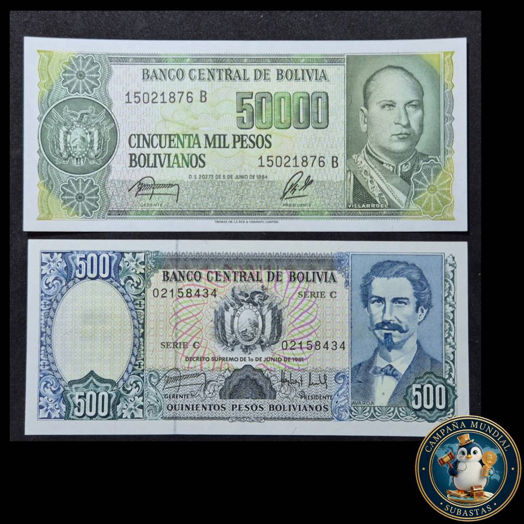 D1305 2x BILLETES DE BOLIVIA. DE 500 y 50000 BOLIVIANOS   UNC   BOLIVIA