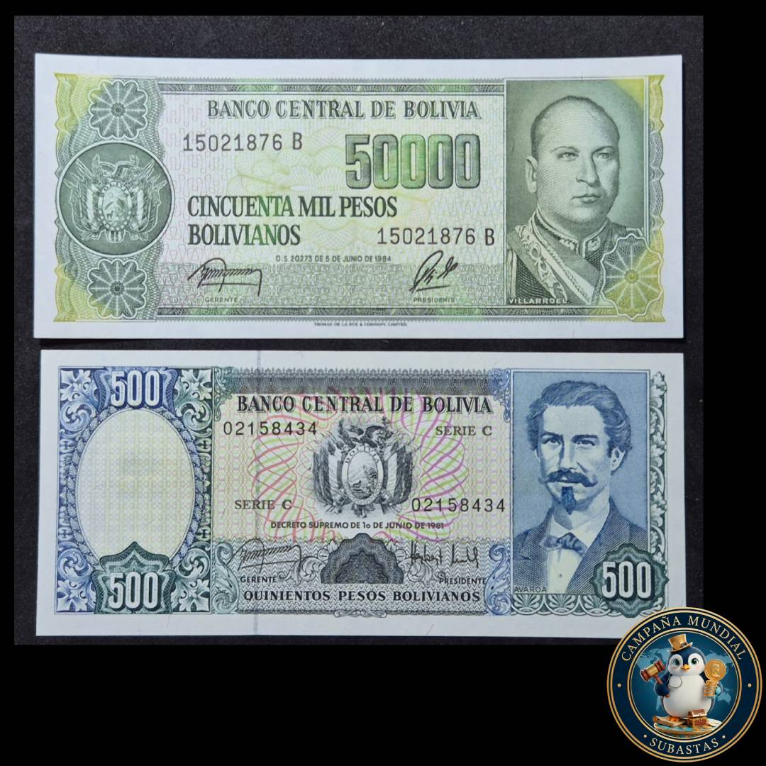 D1305 2x BILLETES DE BOLIVIA. DE 500 y 50000 BOLIVIANOS   UNC   BOLIVIA