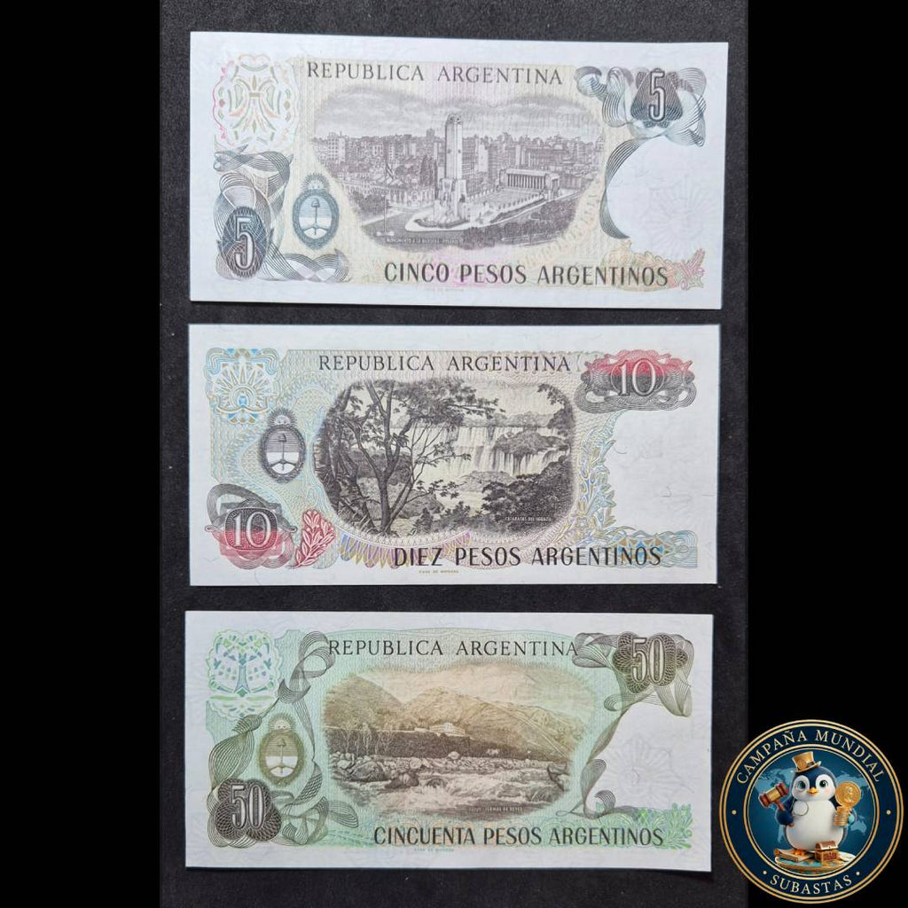D1306 3x BILLETES ARGENTINOS  DE 5 10 y 50 PESOS CON IMAGEN DEL GENERAL SAN MARTÍN. TODOS UNC    ARGENTINA