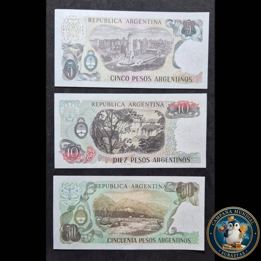 D1306 3x BILLETES ARGENTINOS  DE 5 10 y 50 PESOS CON IMAGEN DEL GENERAL SAN MARTÍN. TODOS UNC    ARGENTINA