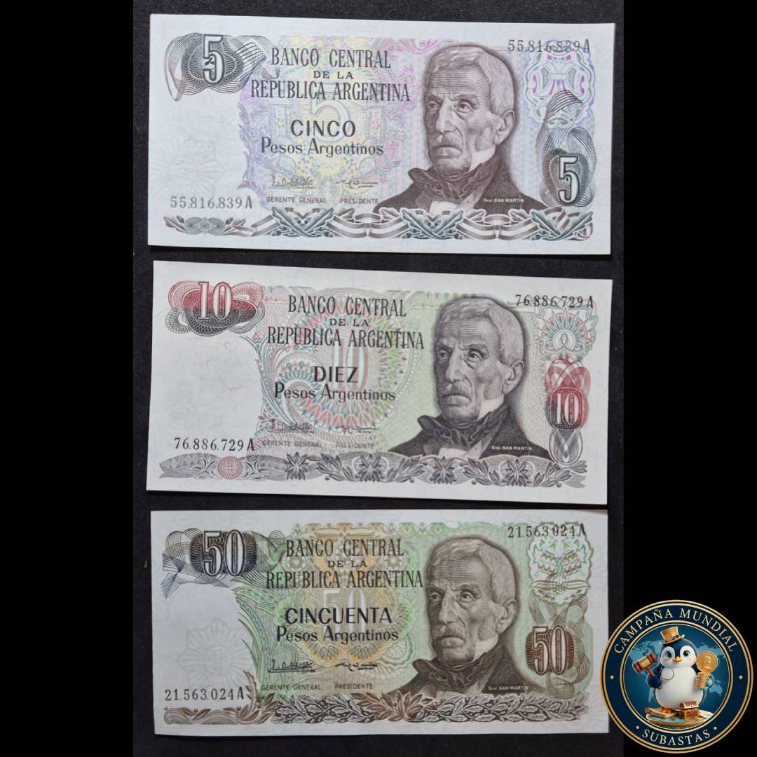 D1306 3x BILLETES ARGENTINOS  DE 5 10 y 50 PESOS CON IMAGEN DEL GENERAL SAN MARTÍN. TODOS UNC    ARGENTINA