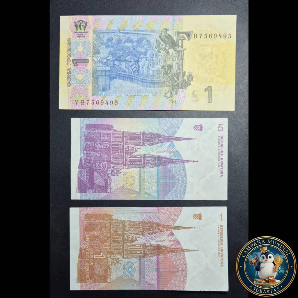 D1312 TRES(3) X BILLETES DE UCRANIA 1 GRIVNA  y CROACIA 1 y 5   KUNAS     TODOS   UNC