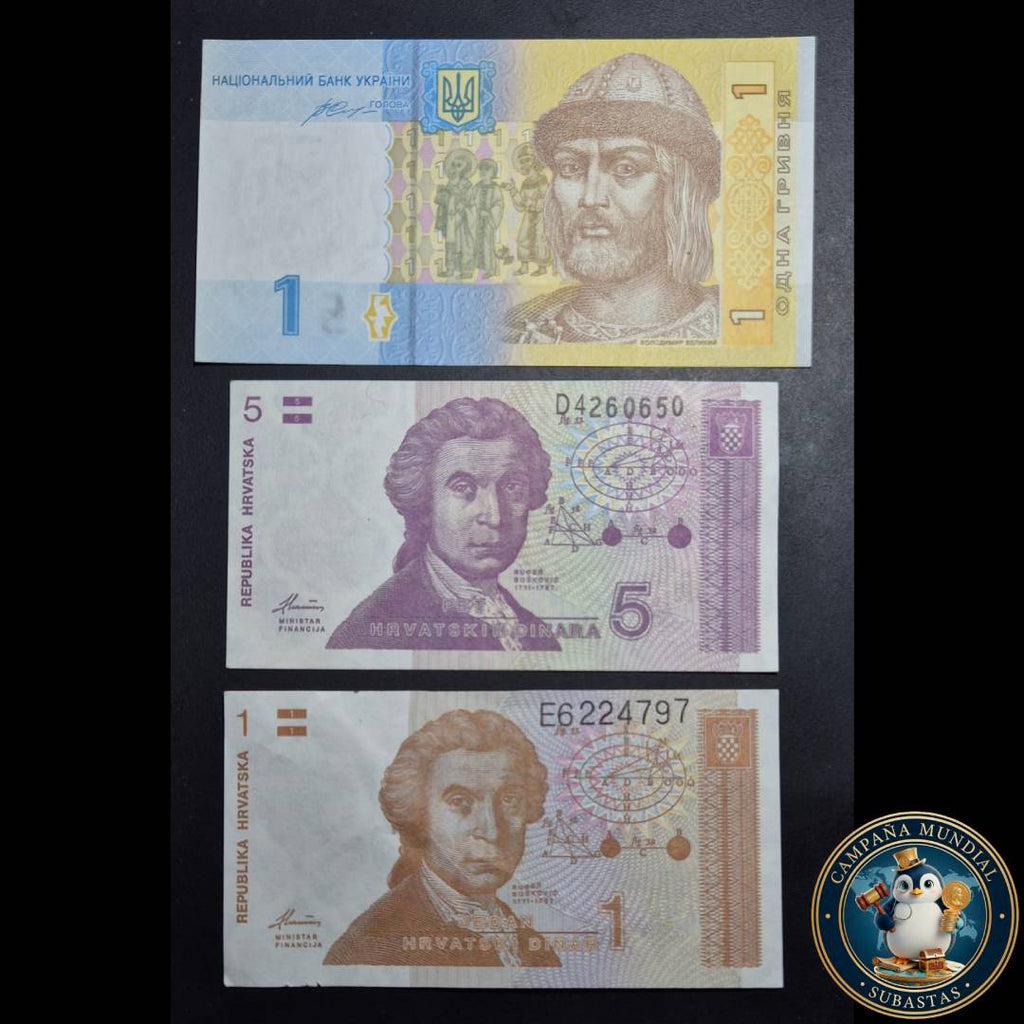 D1312 TRES(3) X BILLETES DE UCRANIA 1 GRIVNA  y CROACIA 1 y 5   KUNAS     TODOS   UNC