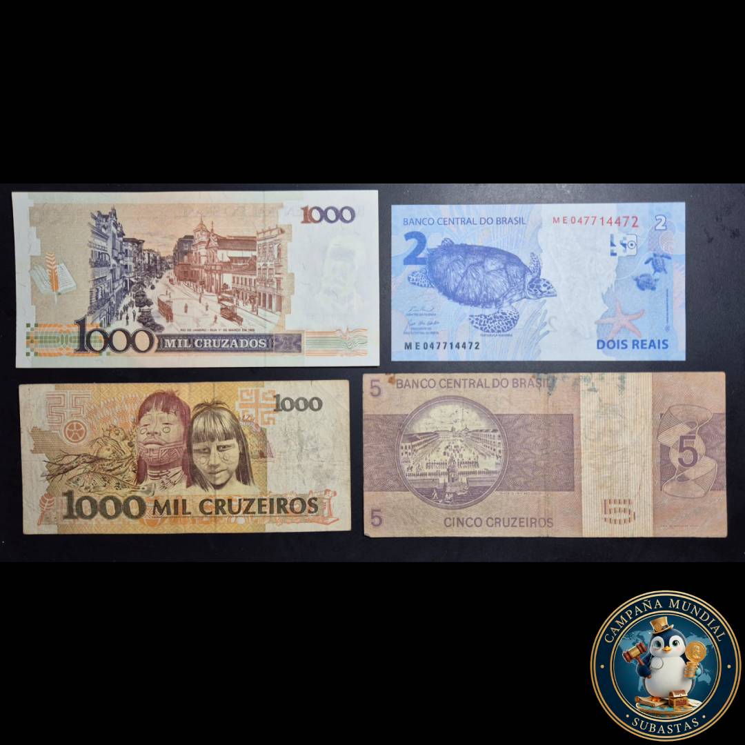 D1313 CUATRO(4) x BILLETES DE BRASIL. DE DIFERENTRES DENOMINACIONES 5/1000/1000 RUEIROS Y DOS REALES.   BRASIL