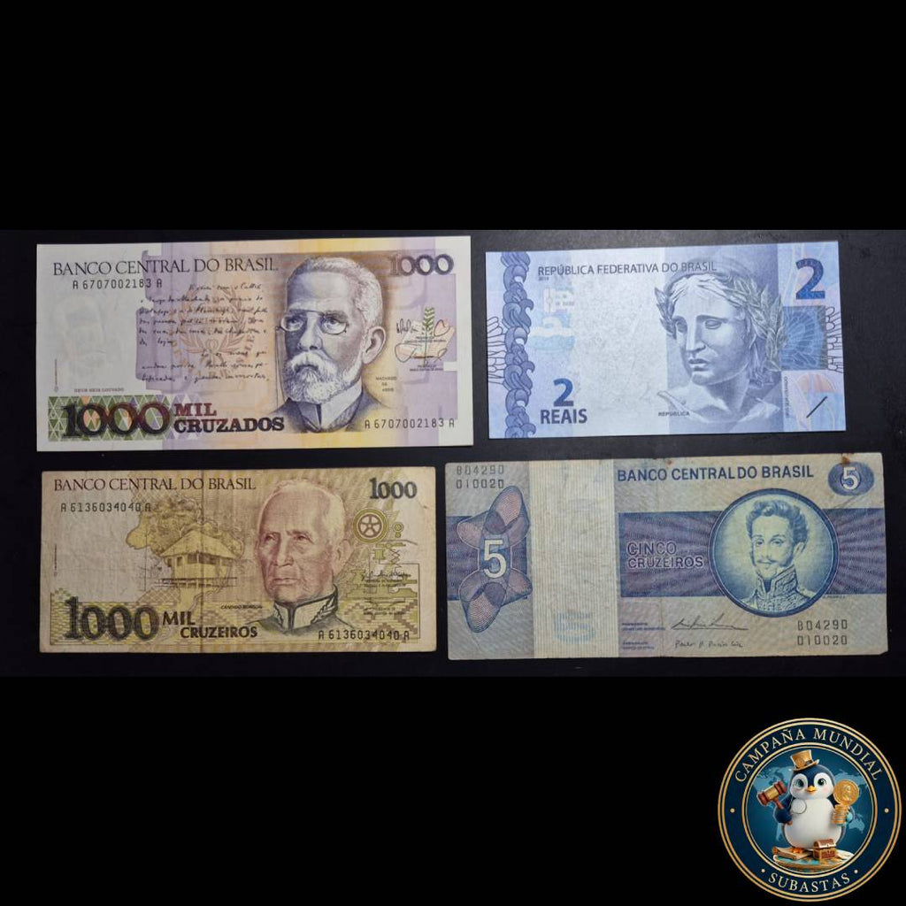 D1313 CUATRO(4) x BILLETES DE BRASIL. DE DIFERENTRES DENOMINACIONES 5/1000/1000 RUEIROS Y DOS REALES.   BRASIL