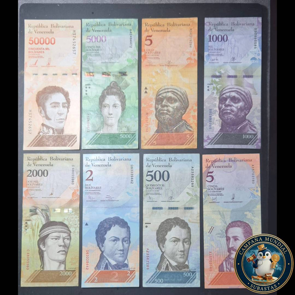 D1314 OCHO(8) x BILLETES DE VENEZUELA DE DIFERENTES DENOMINACIONES: 2/5/5/500/1000/2000/5000/50000 EN DIFERENTES DISEÑOS. VF+ a UNC VENEZUELA