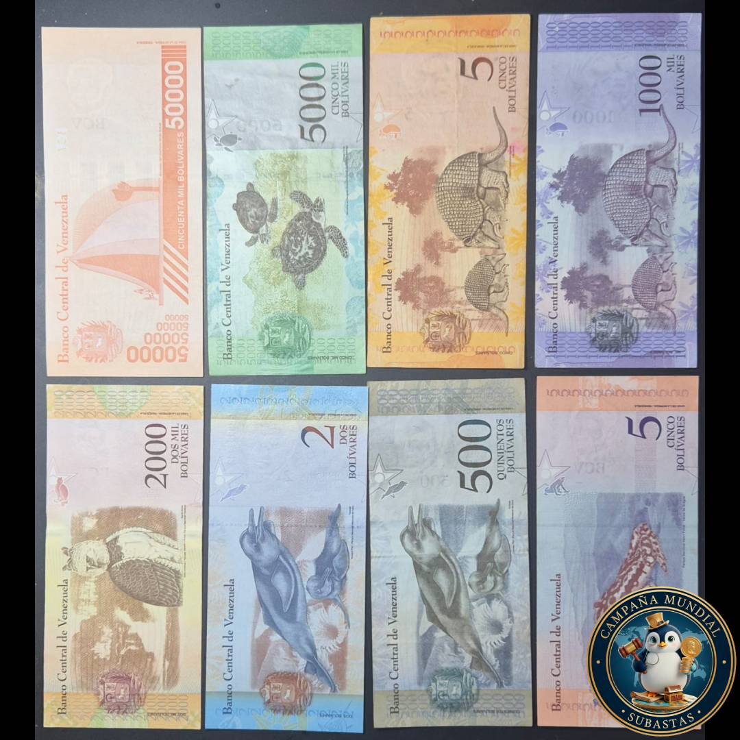 D1314 OCHO(8) x BILLETES DE VENEZUELA DE DIFERENTES DENOMINACIONES: 2/5/5/500/1000/2000/5000/50000 EN DIFERENTES DISEÑOS. VF+ a UNC VENEZUELA