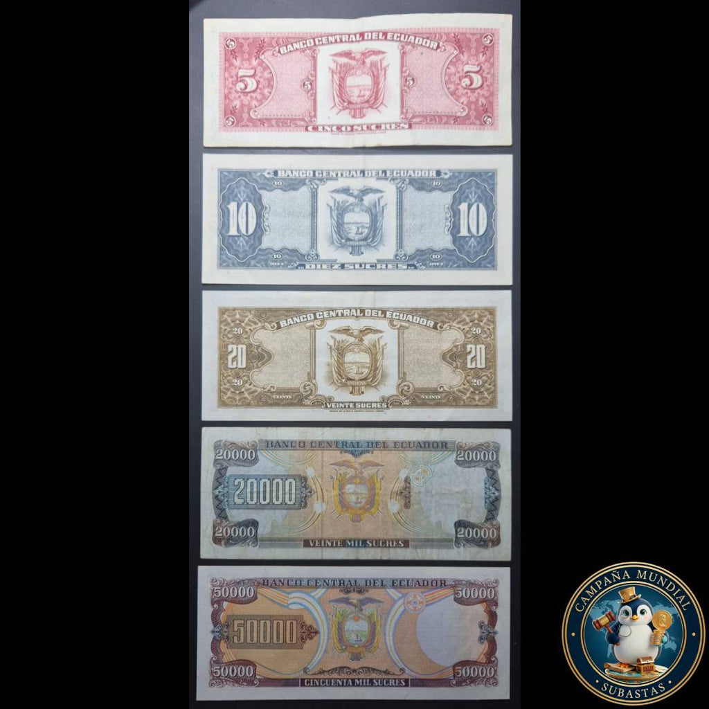 D1315 CINCO(5) BILLETES DE ECUADOR DE DIFERENTES DENOMINACIONES: 5/10/20/2000/5000 CONDICIONES: XF- a AUNC    ECUADOR
