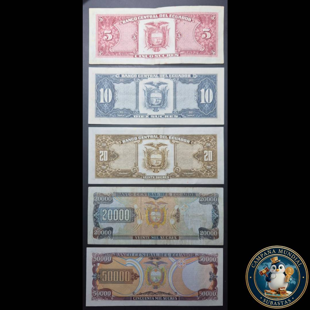 D1315 CINCO(5) BILLETES DE ECUADOR DE DIFERENTES DENOMINACIONES: 5/10/20/2000/5000 CONDICIONES: XF- a AUNC    ECUADOR