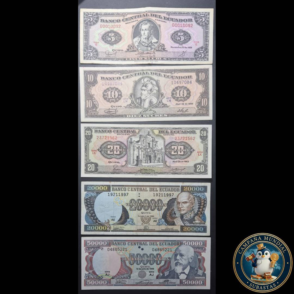 D1315 CINCO(5) BILLETES DE ECUADOR DE DIFERENTES DENOMINACIONES: 5/10/20/2000/5000 CONDICIONES: XF- a AUNC    ECUADOR