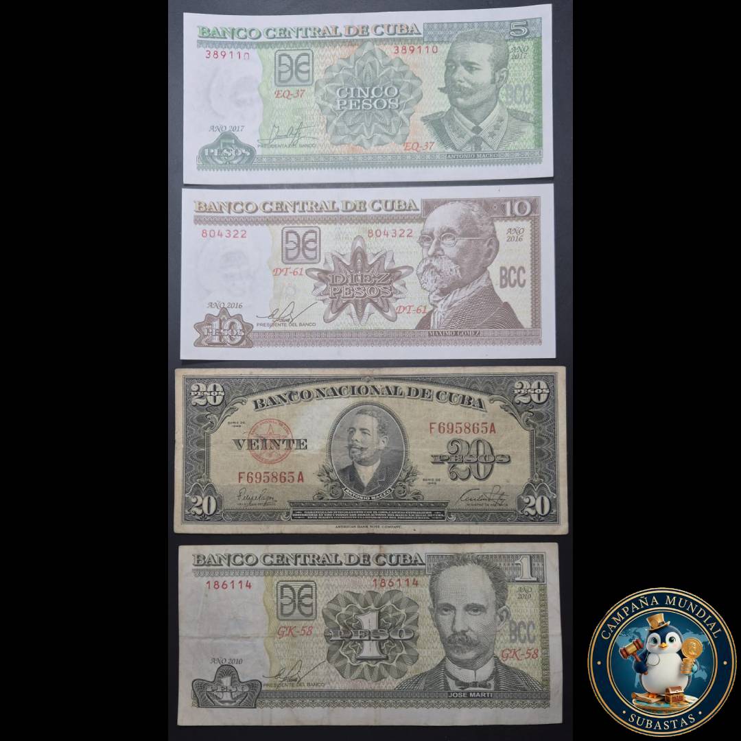 D1317 CUATRO(4) x BILLETES DE CUBA DE 1/5/10/20 PESOS EN DIFERENTES CONDICIONES  VF- a  UNC     UBA