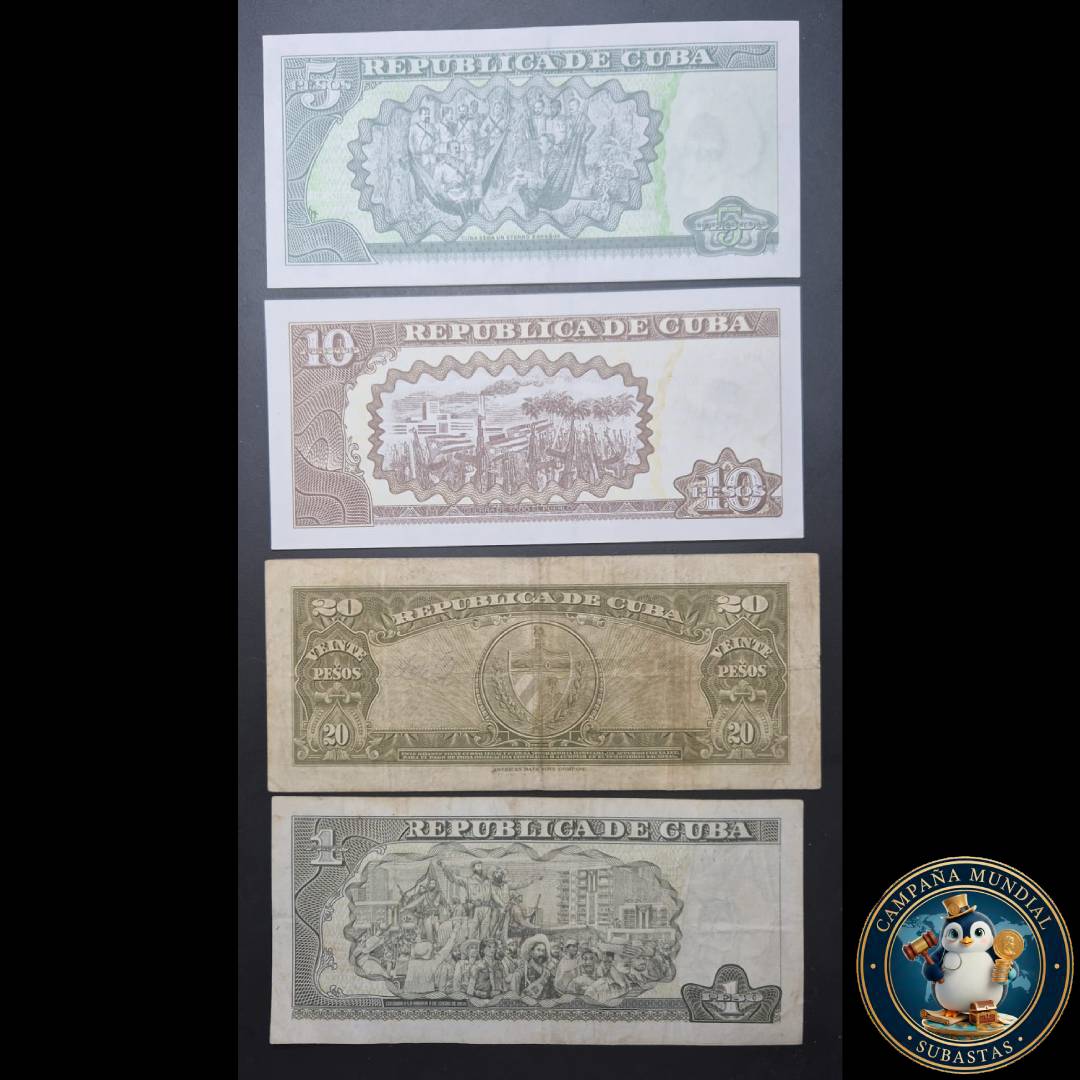 D1317 CUATRO(4) x BILLETES DE CUBA DE 1/5/10/20 PESOS EN DIFERENTES CONDICIONES  VF- a  UNC     UBA