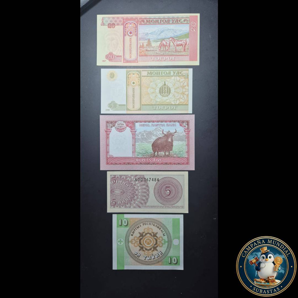 D1318 CINCO(5) BILLETES DE DIFERENTES PAISES MONGOLIA/NEPAL/INDONESIA/KIRGUISTÁN   UNC   PAISES VARIOS