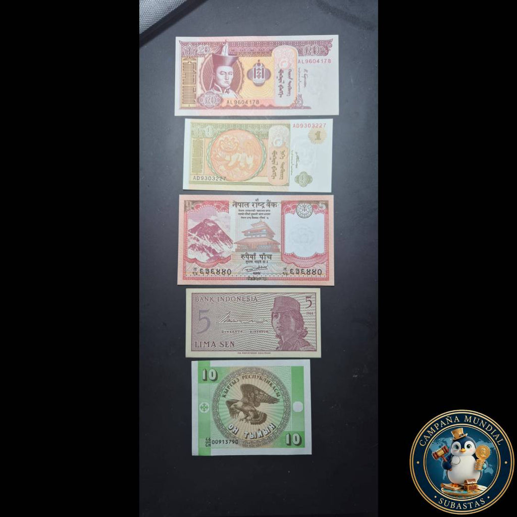 D1318 CINCO(5) BILLETES DE DIFERENTES PAISES MONGOLIA/NEPAL/INDONESIA/KIRGUISTÁN   UNC   PAISES VARIOS