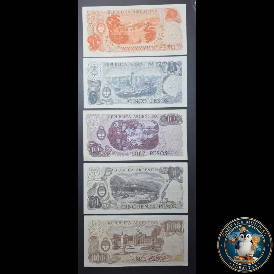 D1319 CUATRO(4) x BILLETES DE ARGENTINA  DE 1/5/10/50/1000 PESOS  EN ESTADOS:   XF  a UNC      ARGENTINA