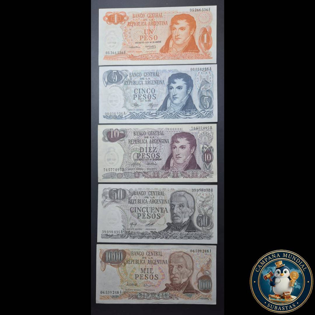 D1319 CUATRO(4) x BILLETES DE ARGENTINA  DE 1/5/10/50/1000 PESOS  EN ESTADOS:   XF  a UNC      ARGENTINA