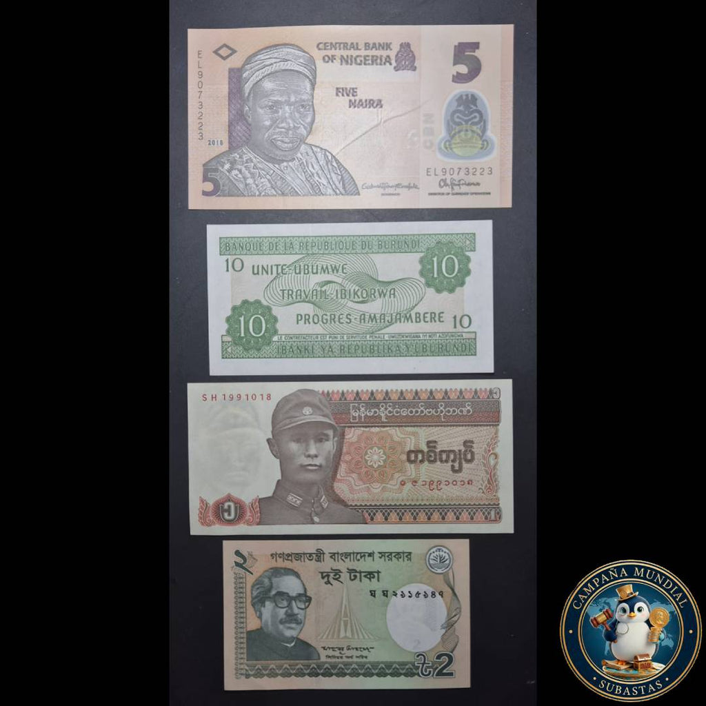 D1321 CUATRO(4) x BILLETES DE DIFERENES PAISES NIGERIA, BURUNDI, MYANMAR,BAGLADESH    EN ESTADOS:   UNC