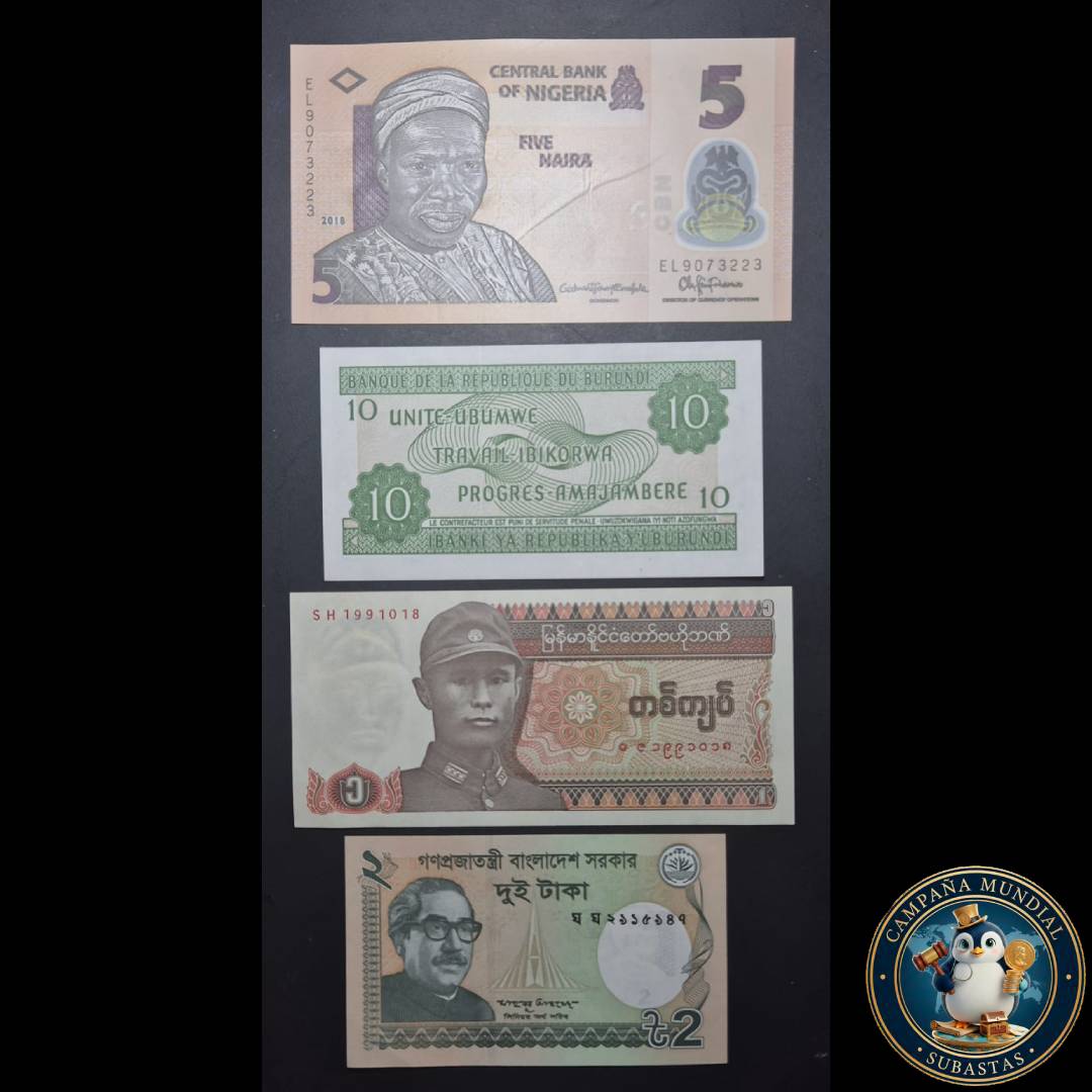 D1321 CUATRO(4) x BILLETES DE DIFERENES PAISES NIGERIA, BURUNDI, MYANMAR,BAGLADESH    EN ESTADOS:   UNC