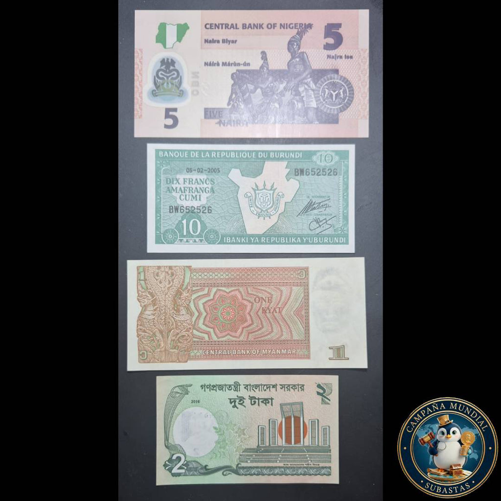 D1321 CUATRO(4) x BILLETES DE DIFERENES PAISES NIGERIA, BURUNDI, MYANMAR,BAGLADESH    EN ESTADOS:   UNC