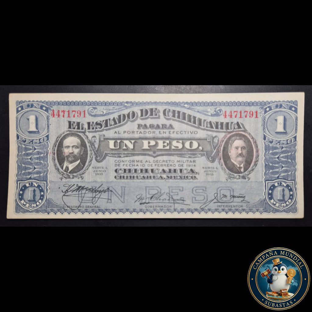 D1324 BILLETE DE UN PESO DEL BANO DEL ESTADO DE HIHUAHUA ON SOBREARGA DE FECHA 8-10-15  XF+   MEXICO