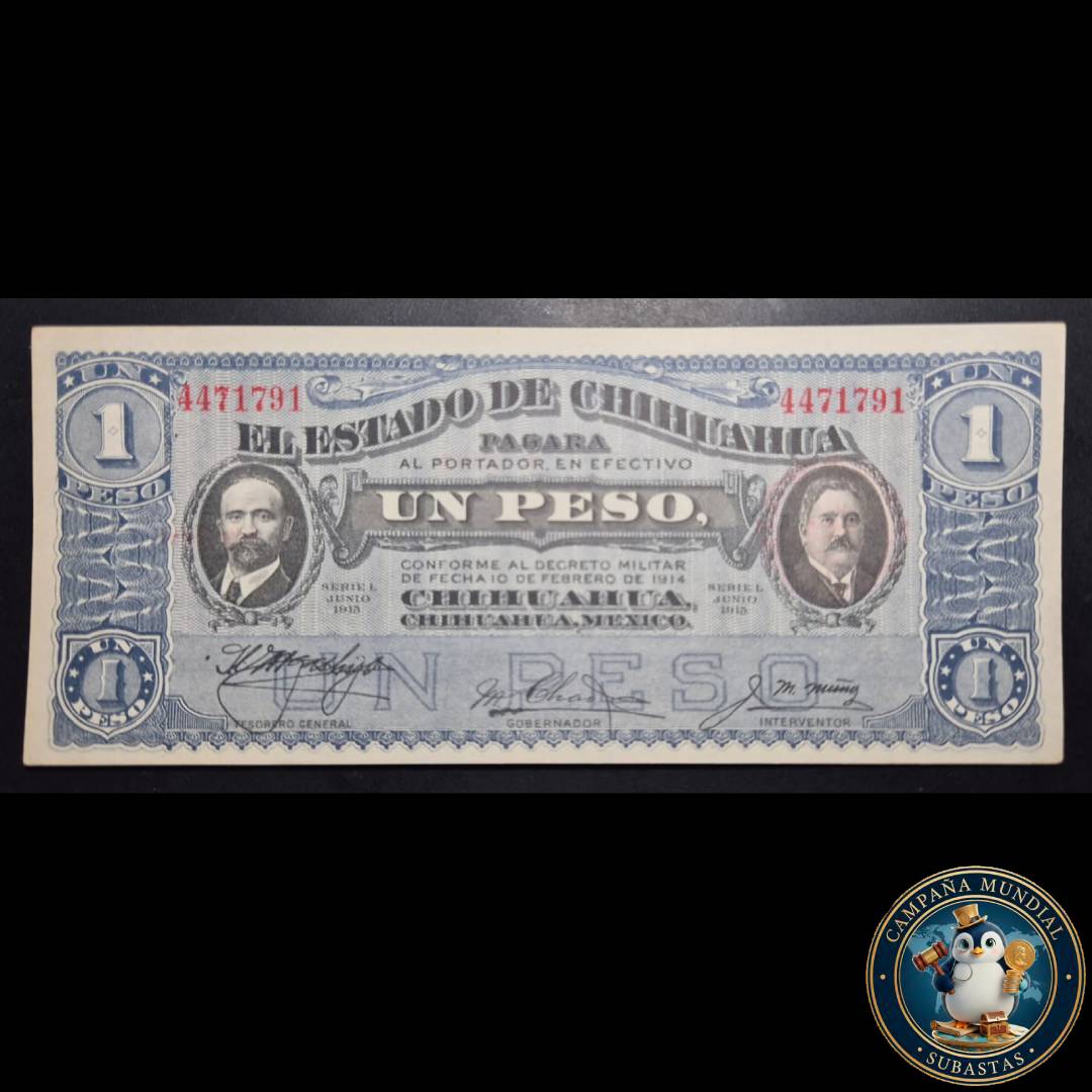 D1324 BILLETE DE UN PESO DEL BANO DEL ESTADO DE HIHUAHUA ON SOBREARGA DE FECHA 8-10-15  XF+   MEXICO